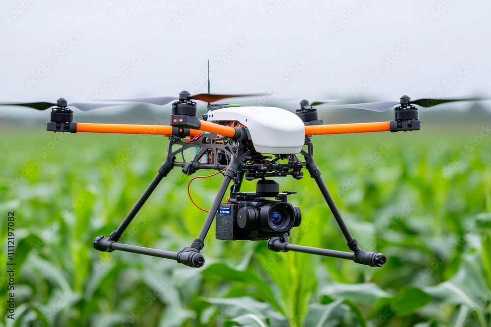 Intelligent farms employ drones to spray crops in the blue sky above corn fields. Intelligent farms employ drones to spray crops in the blue sky above corn fields.