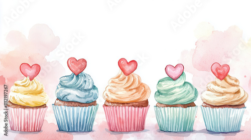 Sweet Watercolor Cupcakes with Heart Toppers in Soft Pastel Colors, Positioned at the Bottom with Copy Space Above photo