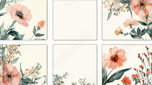 Watercolor Set of Vintage Postcards with Romantic Floral Designs and Clear Space on the Side for Text photo