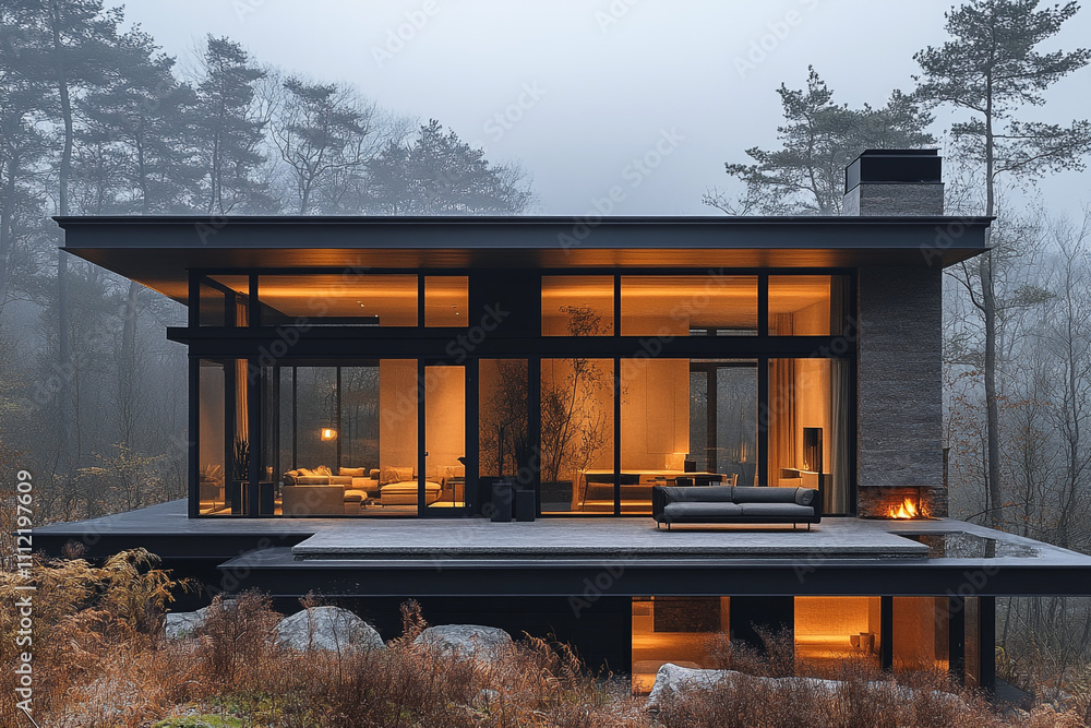 Modern Glass House nestled in a misty forest setting