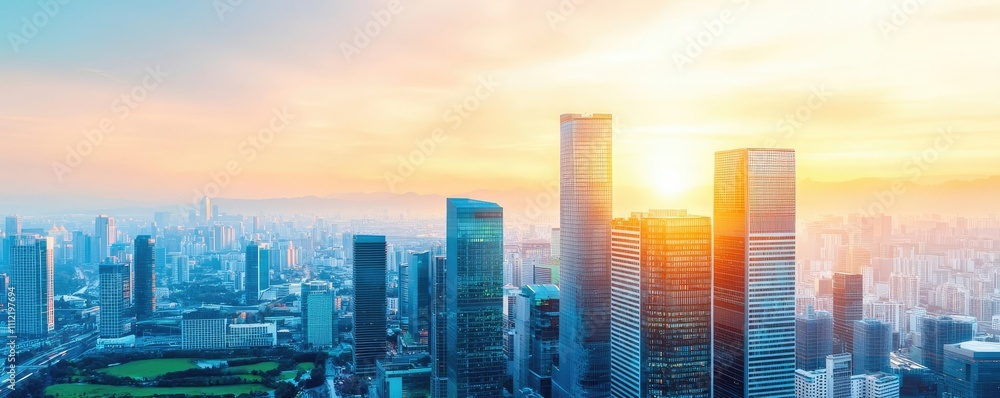 Modern skyscrapers at sunset with a vibrant sky and cityscape in the background. Modern skyscrapers at sunset with a vibrant sky and cityscape in the background.