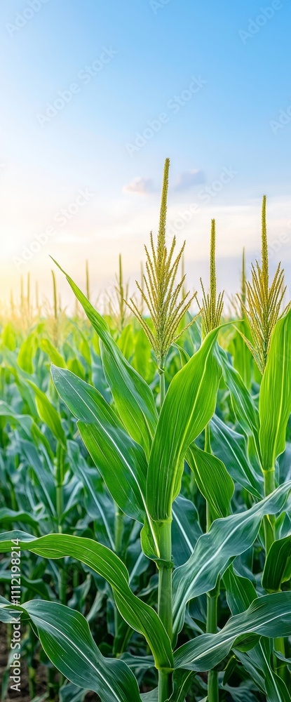 Fototapeta premium Under a sunset sky, a drone provides a sweeping aerial panorama of a cornfield, emphasizing green nature, rural farmlands in summer, plant growth, farming scenes, and the outdoor landscape with