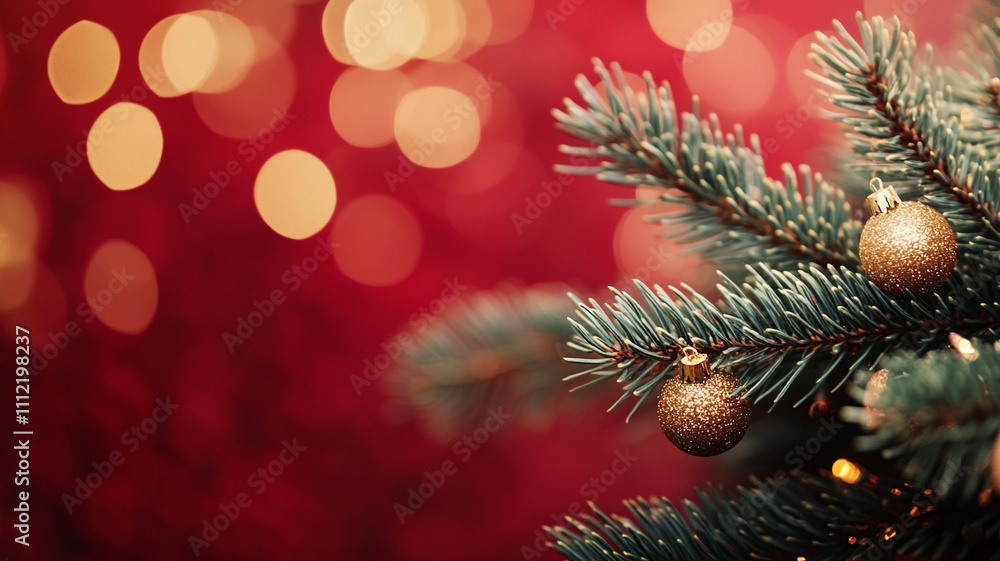 Christmas background with pine tree branches and golden decorations on a red background