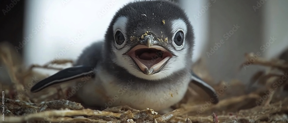 A cute penguin chick with its mouth open, sitting in a nest. A cute penguin chick with its mouth open, sitting in a nest.