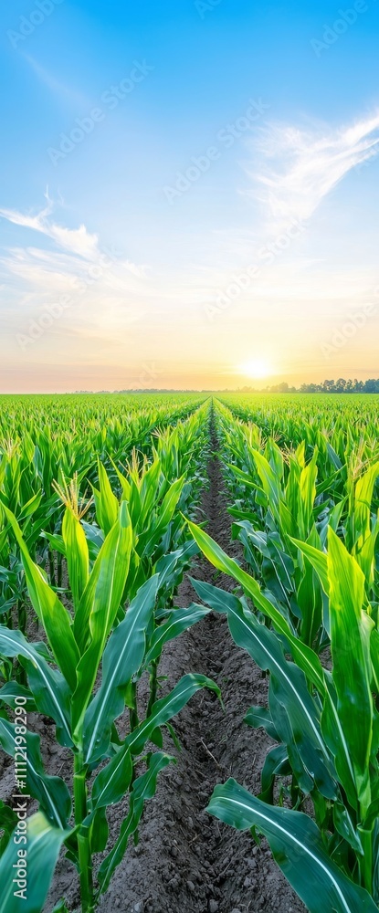 A drone captures an expansive aerial view of a cornfield at sunset, showcasing lush green nature and rural farmlands in summer, highlighting plant growth, farming activities, and the outdoor A drone captures an expansive aerial view of a cornfield at sunset, showcasing lush green nature and rural farmlands in summer, highlighting plant growth, farming activities, and the outdoor