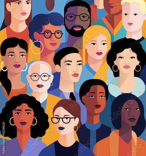 Illustration representing diverse group crowd of people from various backgrounds and cultures. Representing inclusion, unity, equality and diversity in a modern, stylized design.