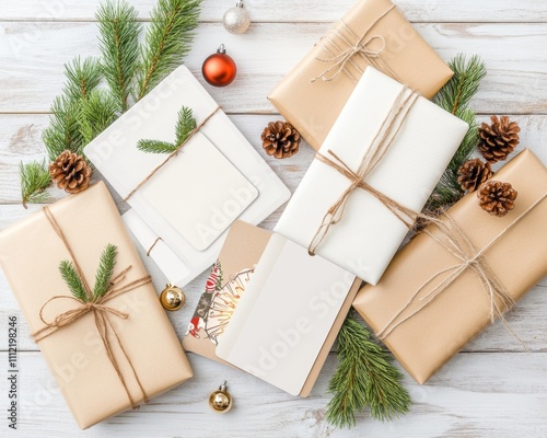 Sleek flat-lay of holiday gift cards glowing softly