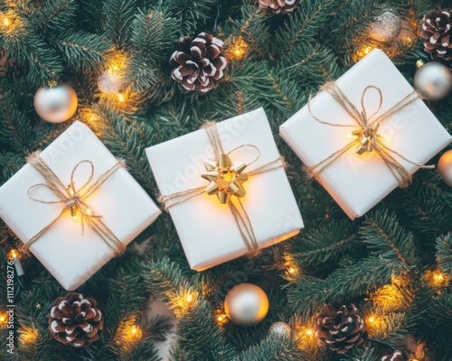 Sleek flat-lay of holiday gift cards glowing softly