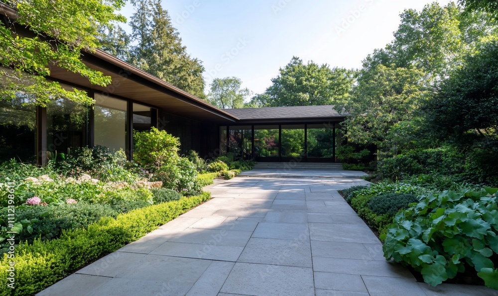 Serene garden pathway leading to a modern architectural space.