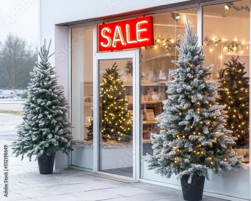 Sleek modern storefront with SALE signs glowing in neon red frosty window designs photo