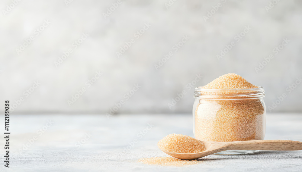 Close up of monk fruit sweetener in glass jar with wooden spoon. This natural sweetener offers healthy alternative to sugar, perfect for various recipes Close up of monk fruit sweetener in glass jar with wooden spoon. This natural sweetener offers healthy alternative to sugar, perfect for various recipes