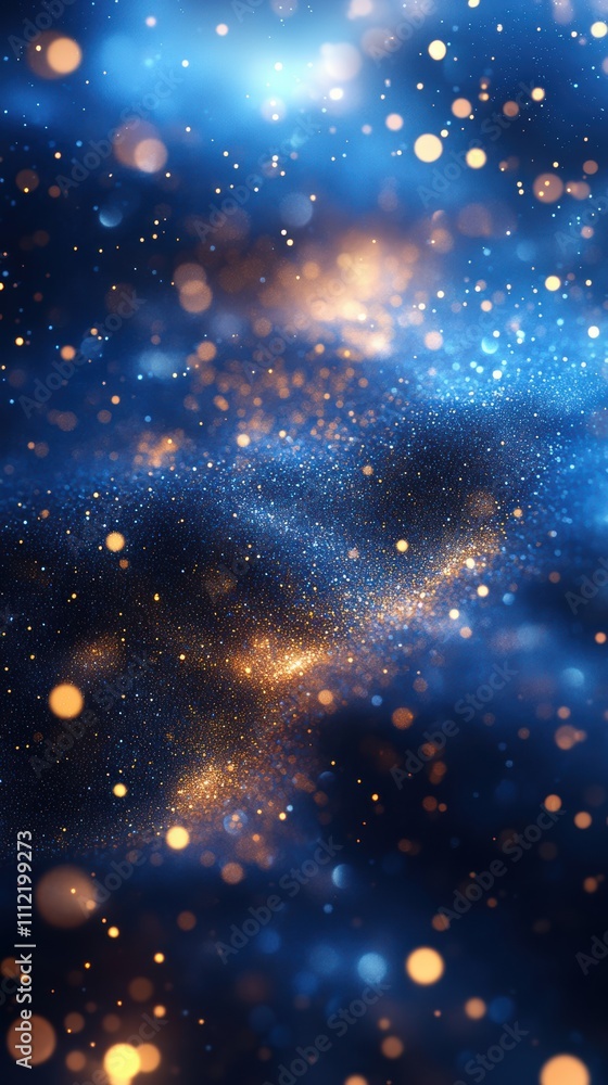 Fototapeta premium Misty blue background with golden bokeh lights