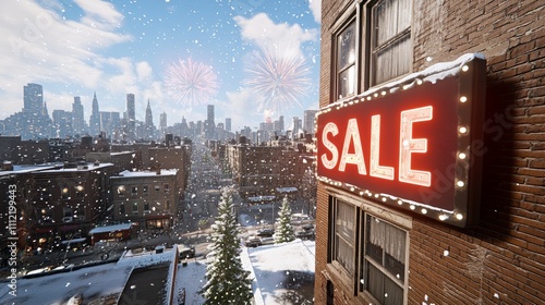 Snowy rooftop Christmas billboard SALE highlighted in glowing red