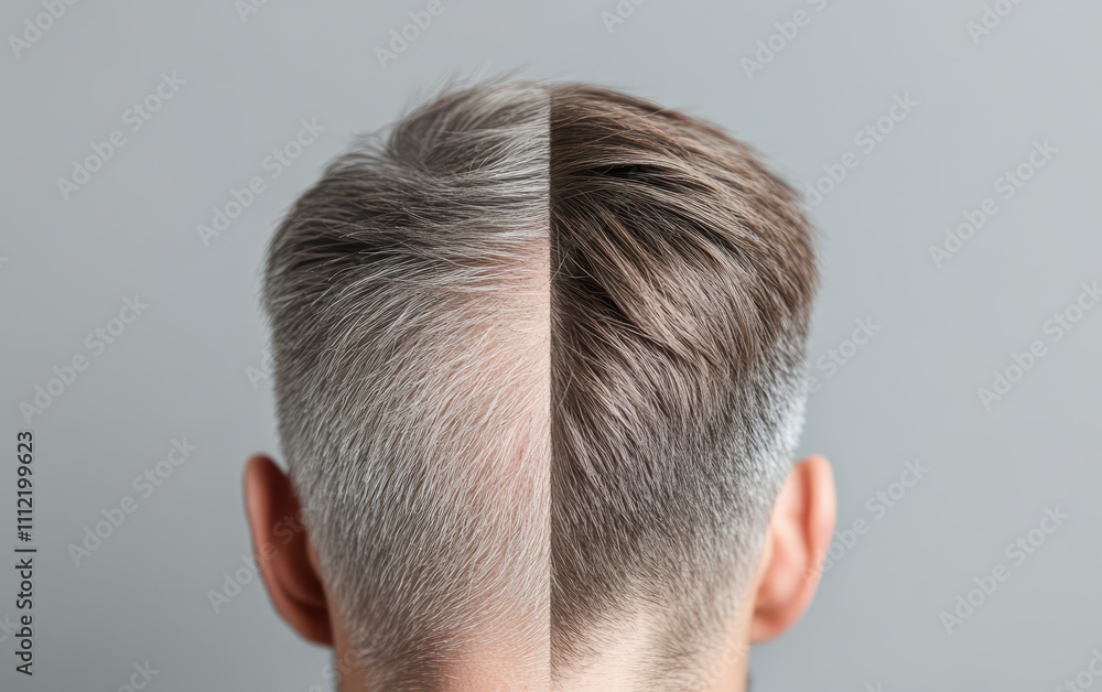 Obraz premium Hair regrowth comparison showing contrasting scalp views with minimal hair loss. image highlights difference in hair color and texture, emphasizing effects of hair restoration
