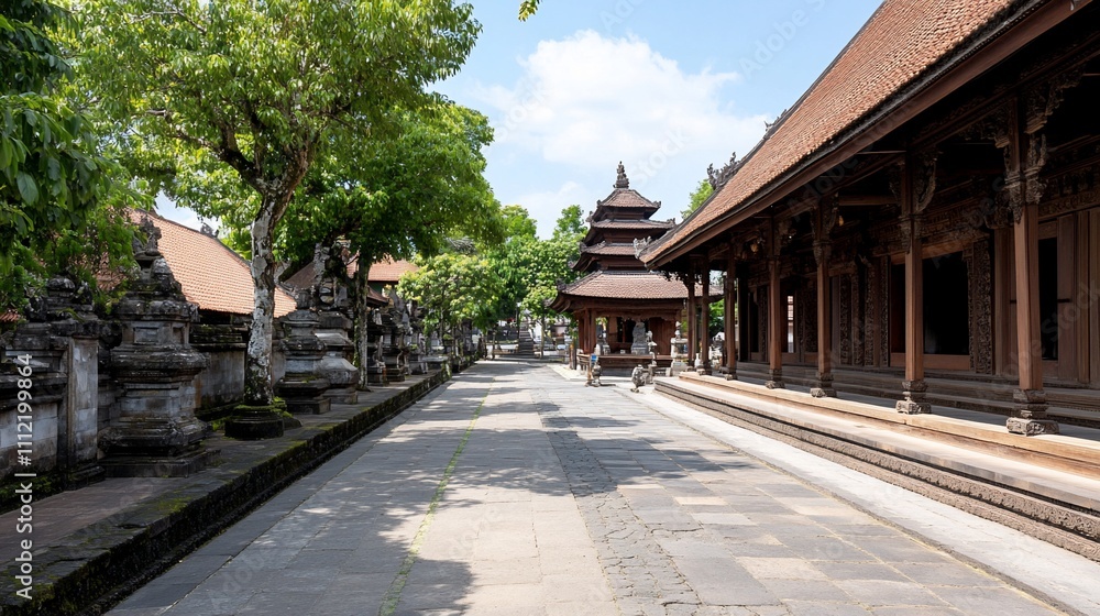 Serene pathway leading to traditional architecture under blue skies. Serene pathway leading to traditional architecture under blue skies.