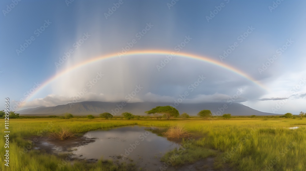Rainbow Arcs Over Serengeti Plain With Mountains Rainbow Arcs Over Serengeti Plain With Mountains