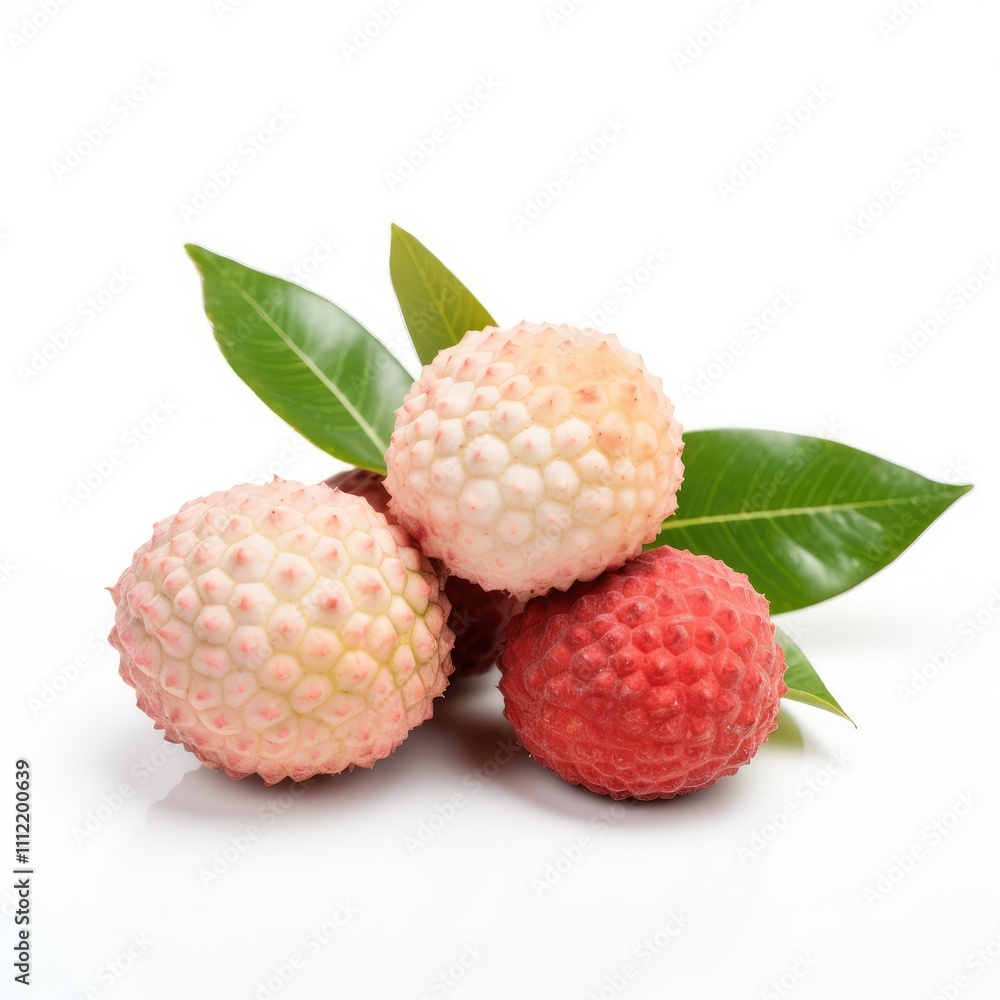 Three lychees with leaves on white.