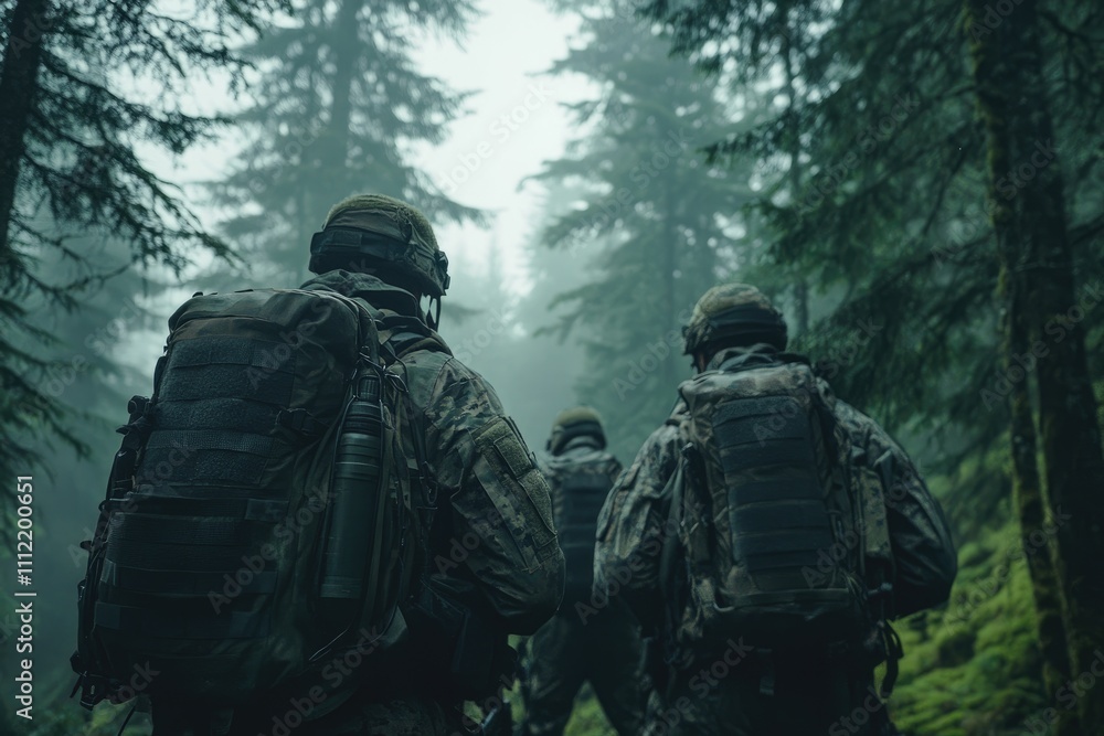 Three soldiers in camouflage walking through a forest Three soldiers in camouflage walking through a forest
