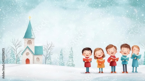Kids  choir singing Christmas carols, snowy village church backdrop, cheerful tones, 4K cartoon animation style