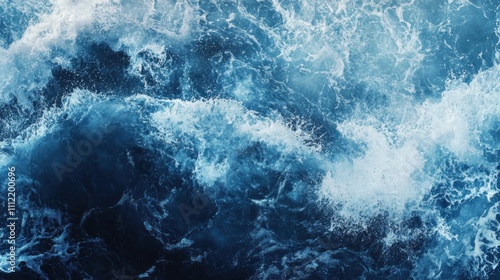 Ocean Waves Aerial View: Blue Water, White Foam, Deep Sea