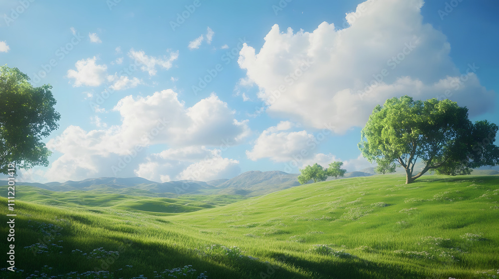 Expansive green hills with scattered trees under a clear blue sky, showcasing nature’s peaceful and scenic beauty.. Expansive green hills with scattered trees under a clear blue sky, showcasing nature’s peaceful and scenic beauty..