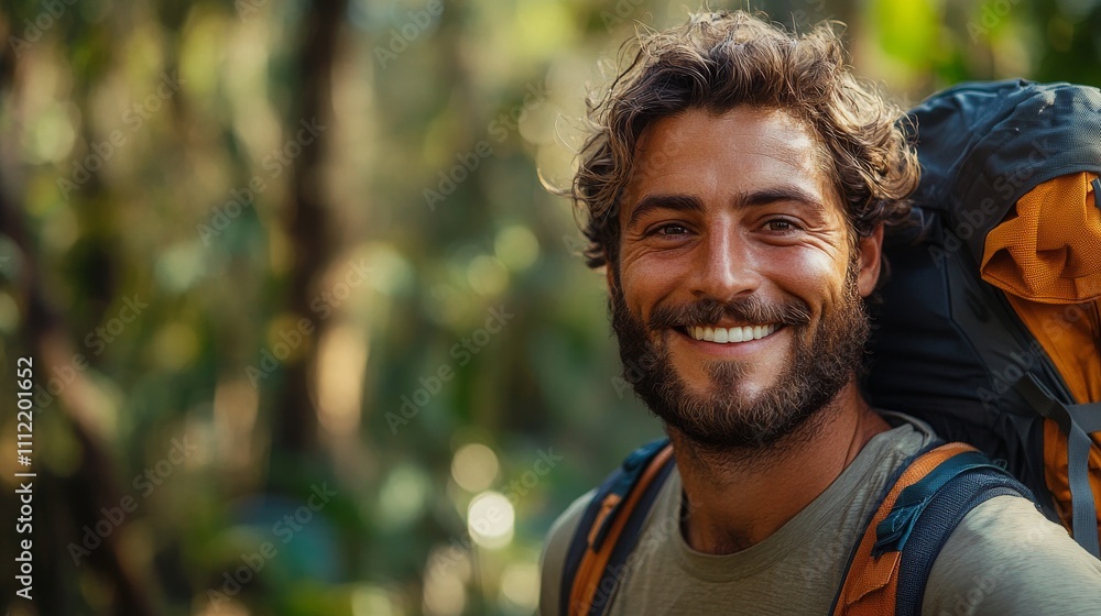 Happy Backpacker Smiling in Lush Green Forest Happy Backpacker Smiling in Lush Green Forest