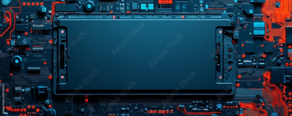 Fototapeta premium Battery replacement with performance concept. Futuristic circuit board with a central display area.