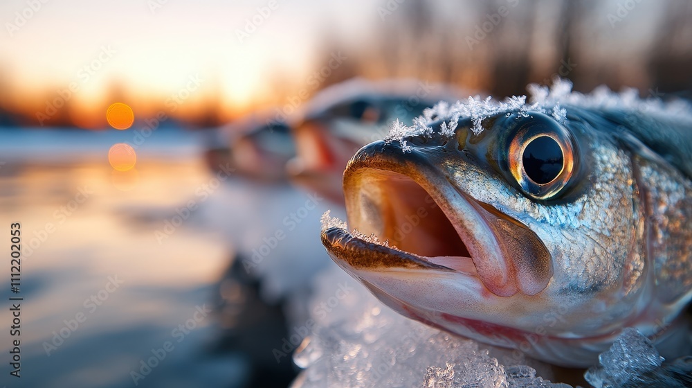 A close-up reveals fish resting on icy surfaces, highlighting intricate details and the cold beauty of nature, while capturing the essence of winter's quiet stillness. A close-up reveals fish resting on icy surfaces, highlighting intricate details and the cold beauty of nature, while capturing the essence of winter's quiet stillness.