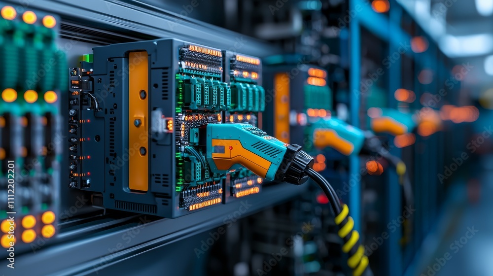 Naklejka premium The automated production line for EV battery packs features orange robotic arms. This modern smart factory for electric cars showcases a row of advanced robotic arms in a bright plant, assembling