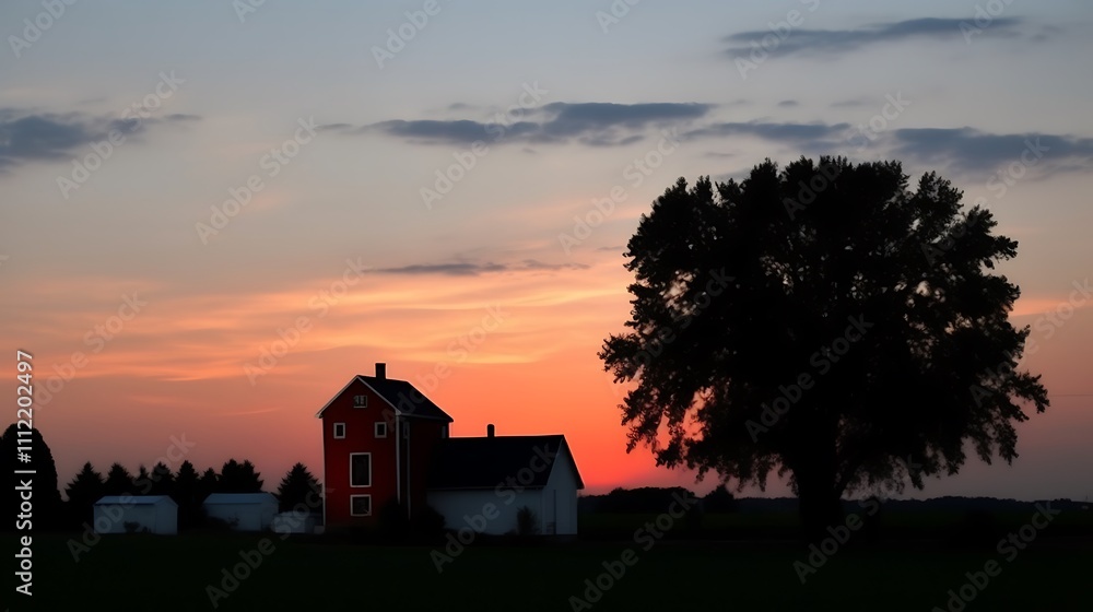 Red Barn Silhouette at Sunset Rural Landscape Red Barn Silhouette at Sunset Rural Landscape