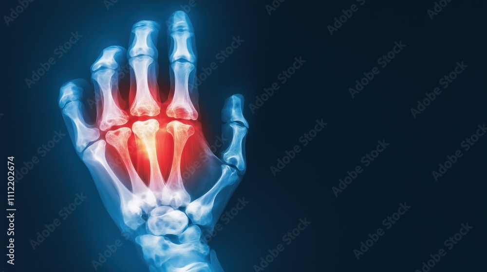Hand bones xray with red inflammation area against dark background. Arthritis diagnosis visualization Hand bones xray with red inflammation area against dark background. Arthritis diagnosis visualization