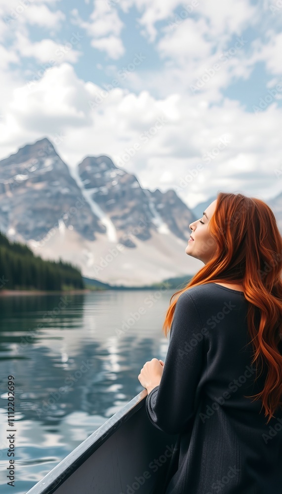 A woman with red hair is sitting in a boat on a lake A woman with red hair is sitting in a boat on a lake