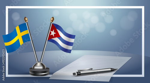 Sweden and Cuba Small national flag on bokeh background, cooperative relationship