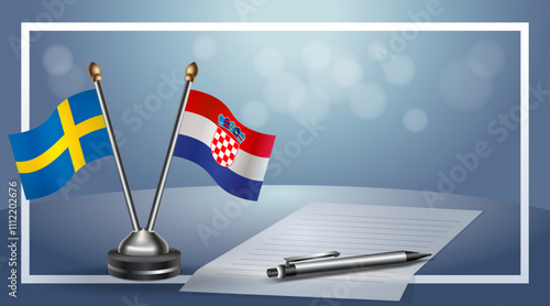 Sweden and Croatia Small national flag on bokeh background, cooperative relationship
