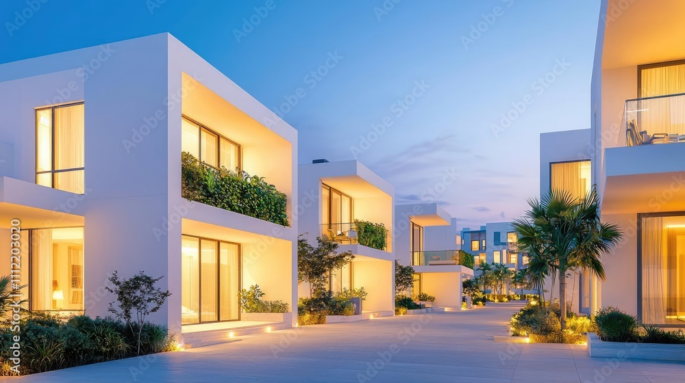 Modern residential complex with illuminated houses at dusk, serene atmosphere. Modern residential complex with illuminated houses at dusk, serene atmosphere.