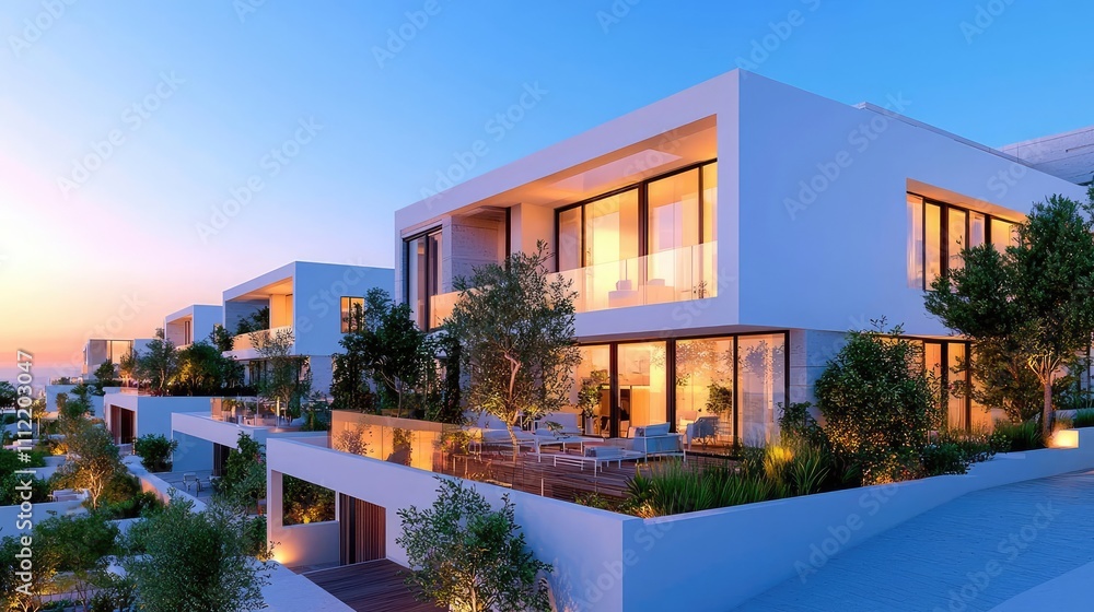 Fototapeta premium Modern villa with large windows, surrounded by greenery at sunset.