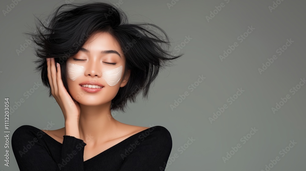 Obraz premium Woman with white cream patches and black sweater. Skincare beauty advertising
