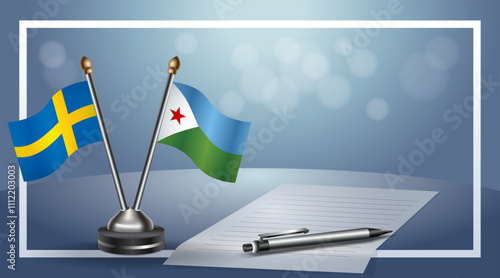 Sweden and Djibouti Small national flag on bokeh background, cooperative relationship