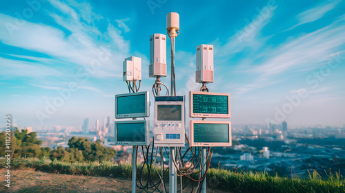 Air quality monitoring station in urban environment, measuring pollution levels to ensure public health and environmental safety.