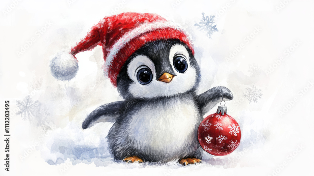 Cute baby penguin wearing a red hat and holding a Christmas ornament Cute baby penguin wearing a red hat and holding a Christmas ornament