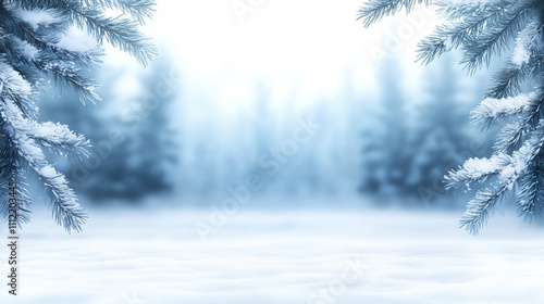 Snow covered pine branches framing white background with copy space. Winter holiday frame