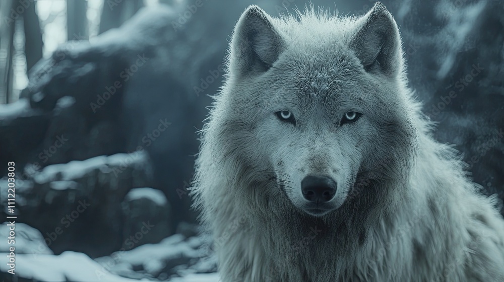 A white wolf staring intently into the camera, with its breath visible in the cold, crisp air. A white wolf staring intently into the camera, with its breath visible in the cold, crisp air.