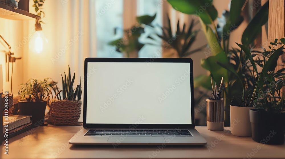 Fototapeta premium A laptop computer with a blank screen sits on a desk with plants in the background.