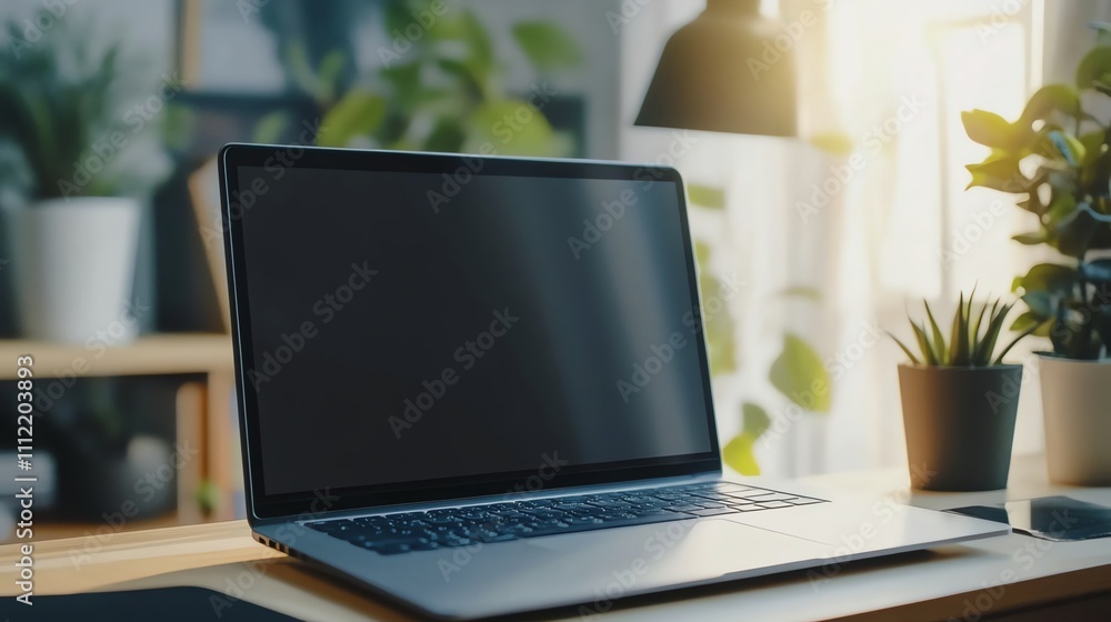 Fototapeta premium A laptop computer with a blank screen sits on a desk with plants in the background.