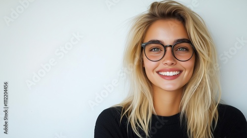 Smiling woman wearing glasses against a white background with copy space