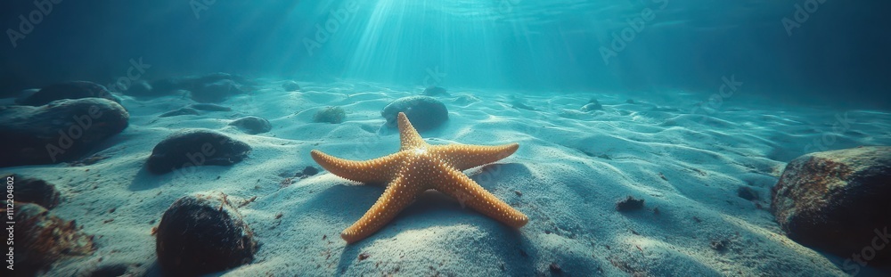 Underwater Scene Featuring a Vibrant Starfish on a Sandy Ocean Floor Surrounded by Smooth Stones in Bright Sunlit Waters Underwater Scene Featuring a Vibrant Starfish on a Sandy Ocean Floor Surrounded by Smooth Stones in Bright Sunlit Waters