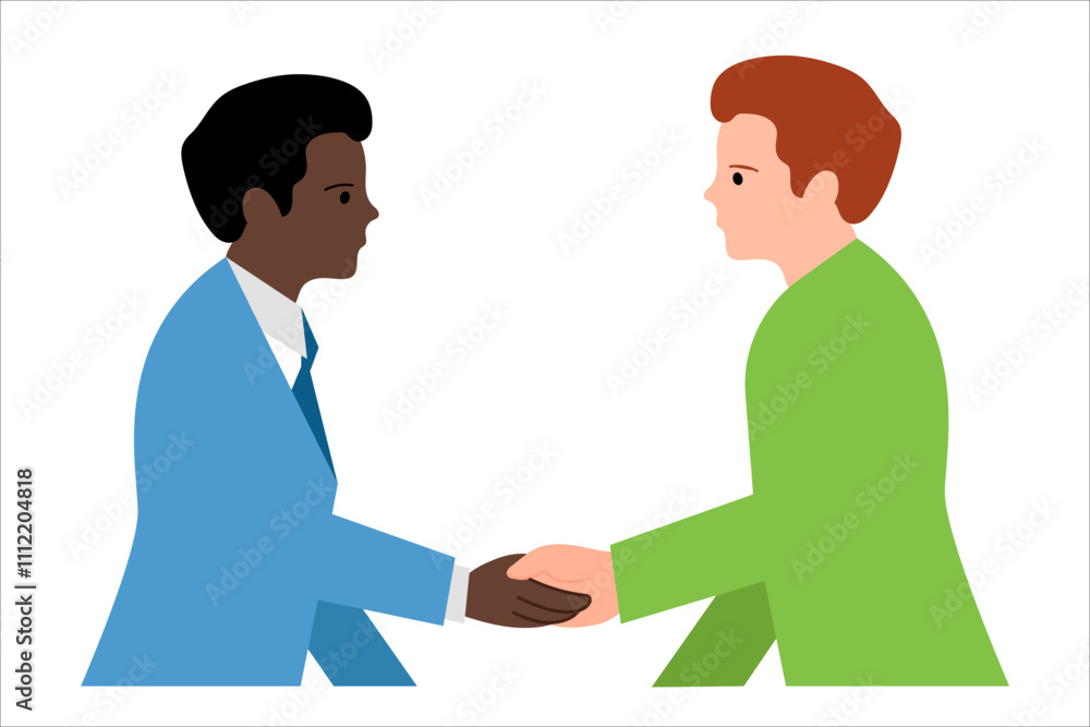 Agreement between men. Black and white men. Handshake.Vector simple color flat illustration. Agreement between men. Black and white men. Handshake.Vector simple color flat illustration.
