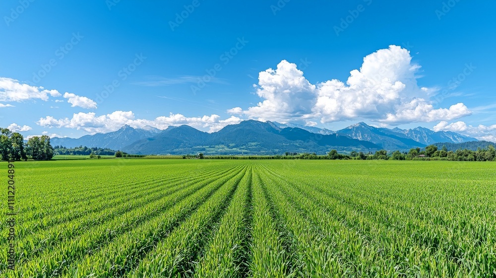 A verdant banana plantation extends towards the mountains beneath a blue sky dotted with fluffy white clouds. A verdant banana plantation extends towards the mountains beneath a blue sky dotted with fluffy white clouds.