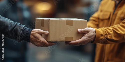 Hands exchanging cardboard package with yellow jacket. Delivery service handover
