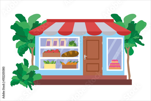 Small grocery store. Vector simple color flat illustration.